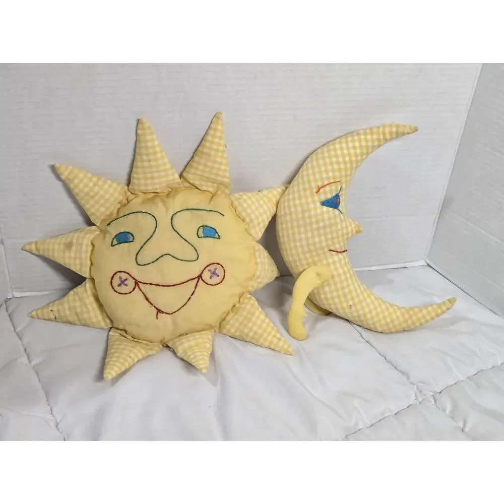Pair Vintage 60s Celestial Whimsigoth Plaid Sun Moon Stuffed Pillows No Brand